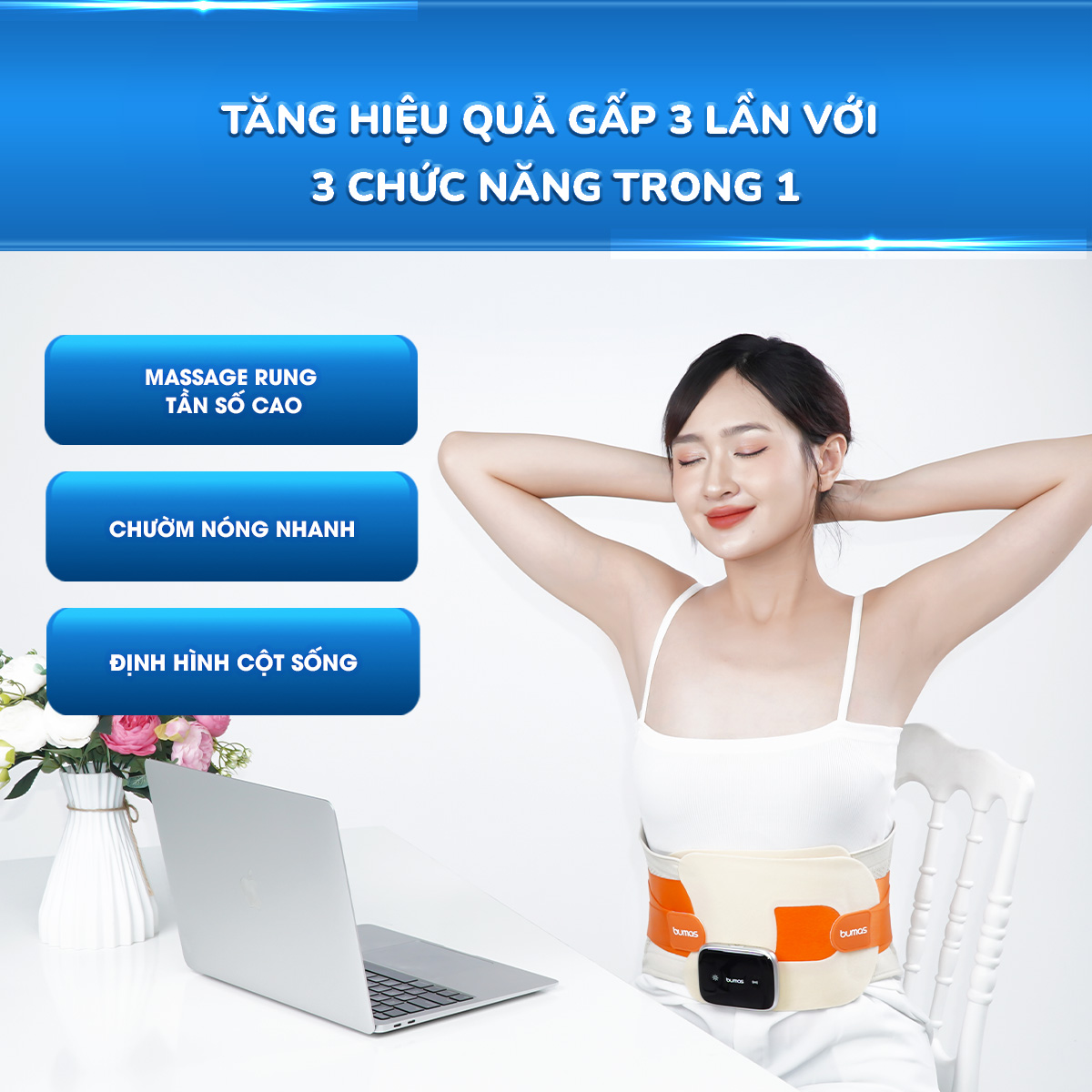 Máy Massage Lưng BUMAS M12 - Massage Rung Kết Hợp Chườm Nóng, Đai Định Hình Cột Sống