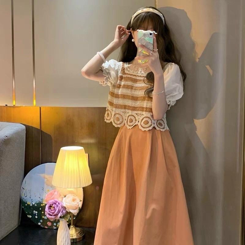 Áo len đan móc cộc tay pha thô xinh xắn