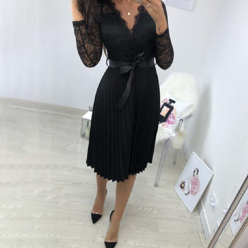 Women Autumn Sexy Dress Lace Deep V-neck Long Sleeve Self-tie Bandage Ruffle Hem Party Slim Bodycon Dress Black