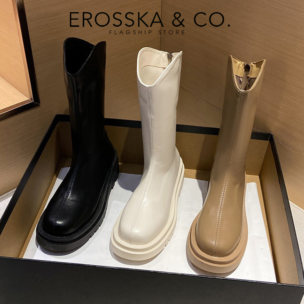 Erosska - Giày boot cổ cao mũi tròn có khoá kéo phong cách cá tính cao 5cm - GB009