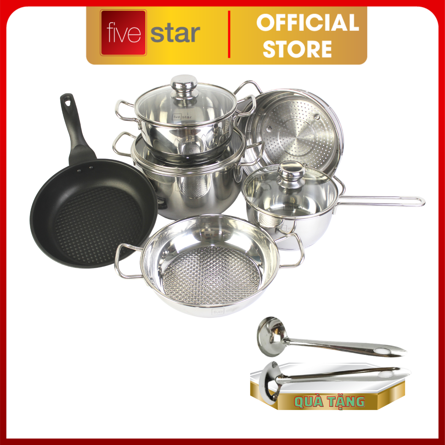 Bộ nồi chảo xửng hấp 3 Đáy Inox 430 cao cấp Fivestar Standard 6 món bếp từ nắp kính , tặng 2 vá canh