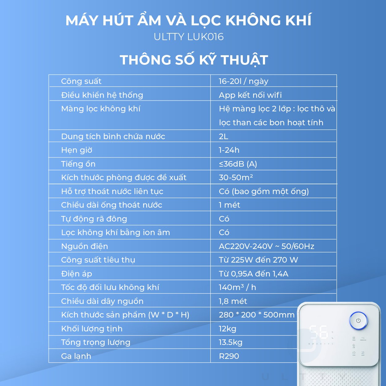 Máy Hút Ẩm &amp; Lọc Không Khí ULTTY LUK016 Công suất 16-20L/Ngày - Hàng Chính Hãng