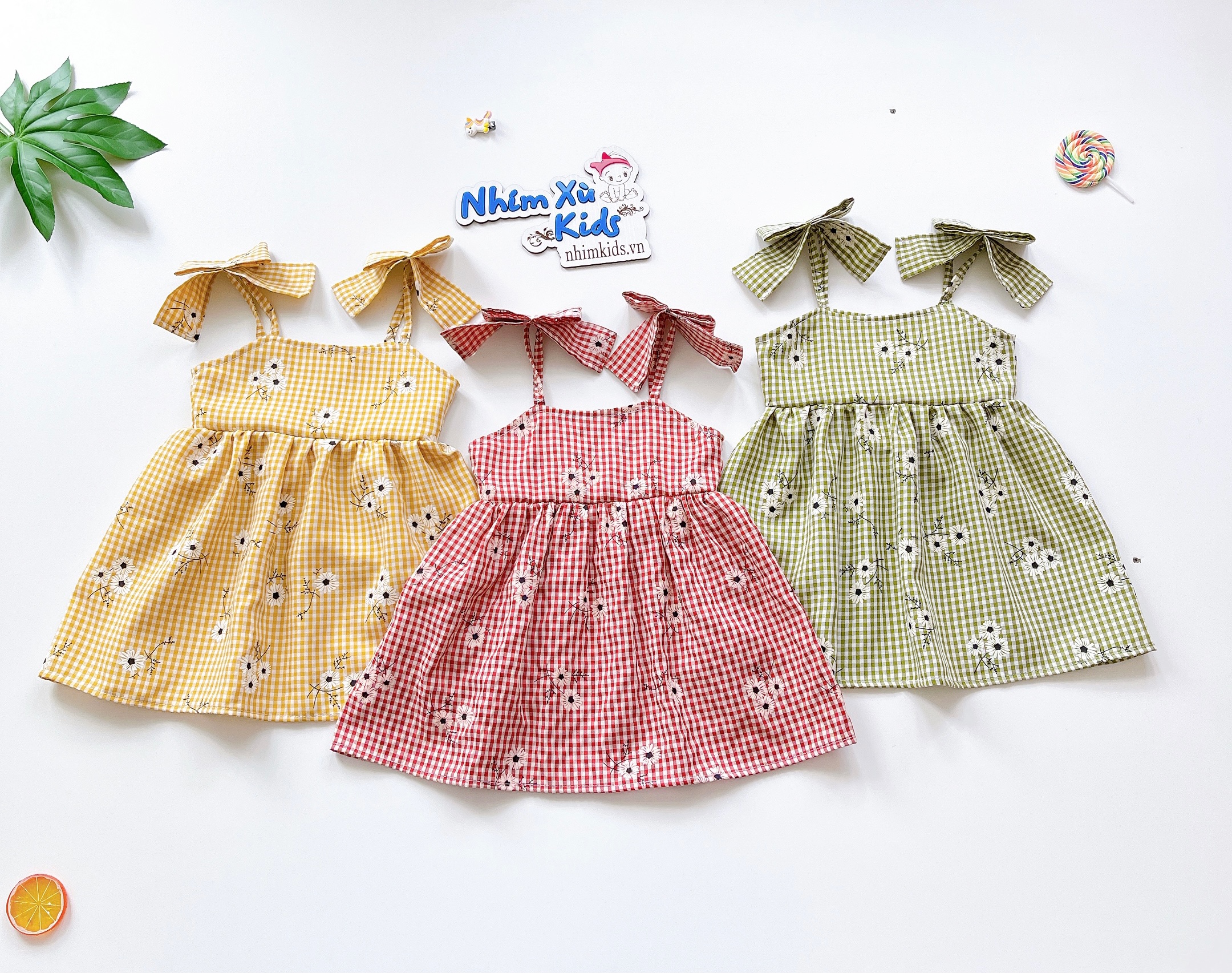 Váy 2 Dây Nơ Caro Hoa Bé Gái 4 Đến 28kg, Đầm Bé Gái Chất Thô Nhật Mềm Mướt