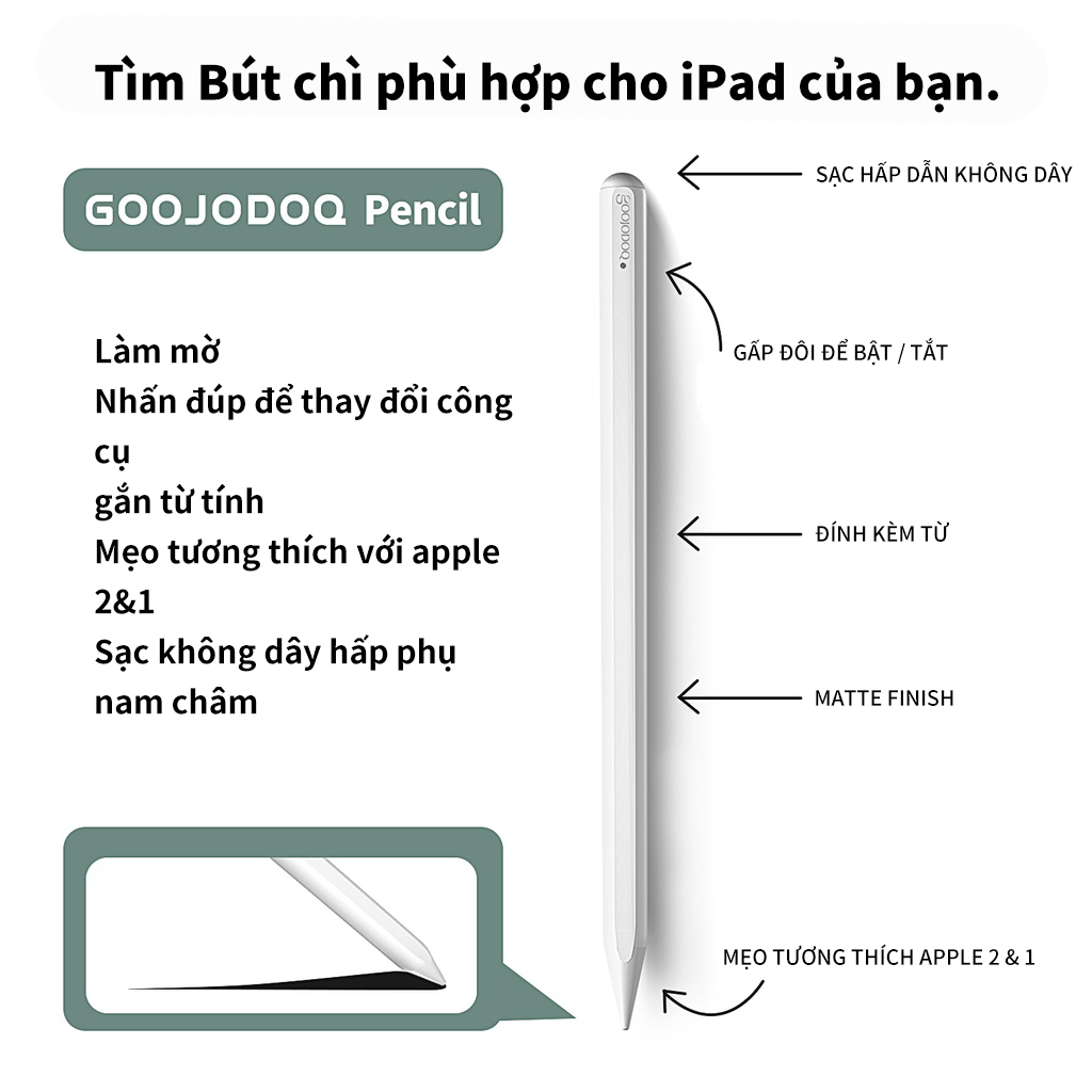 [HÀNG CHÍNH HÃNG GOOJODOQ] Bút Cảm Ứng GD12 Dành Cho IPad Với Tính Năng Chống Tì Tay - Sạc Không Dây Dành Cho Ipad  10.2 2019 2020 Pro 11 Air 4