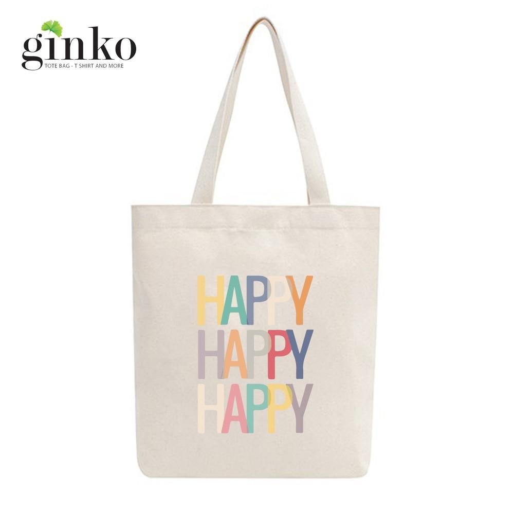 Túi Tote Vải Mộc Ginko kiểu basic có dây kéo khóa miệng túi đựng vừa laptop 14 inch và nhiều đồ dùng khác In Hình HAPPY HAPPY Retro Style M25
