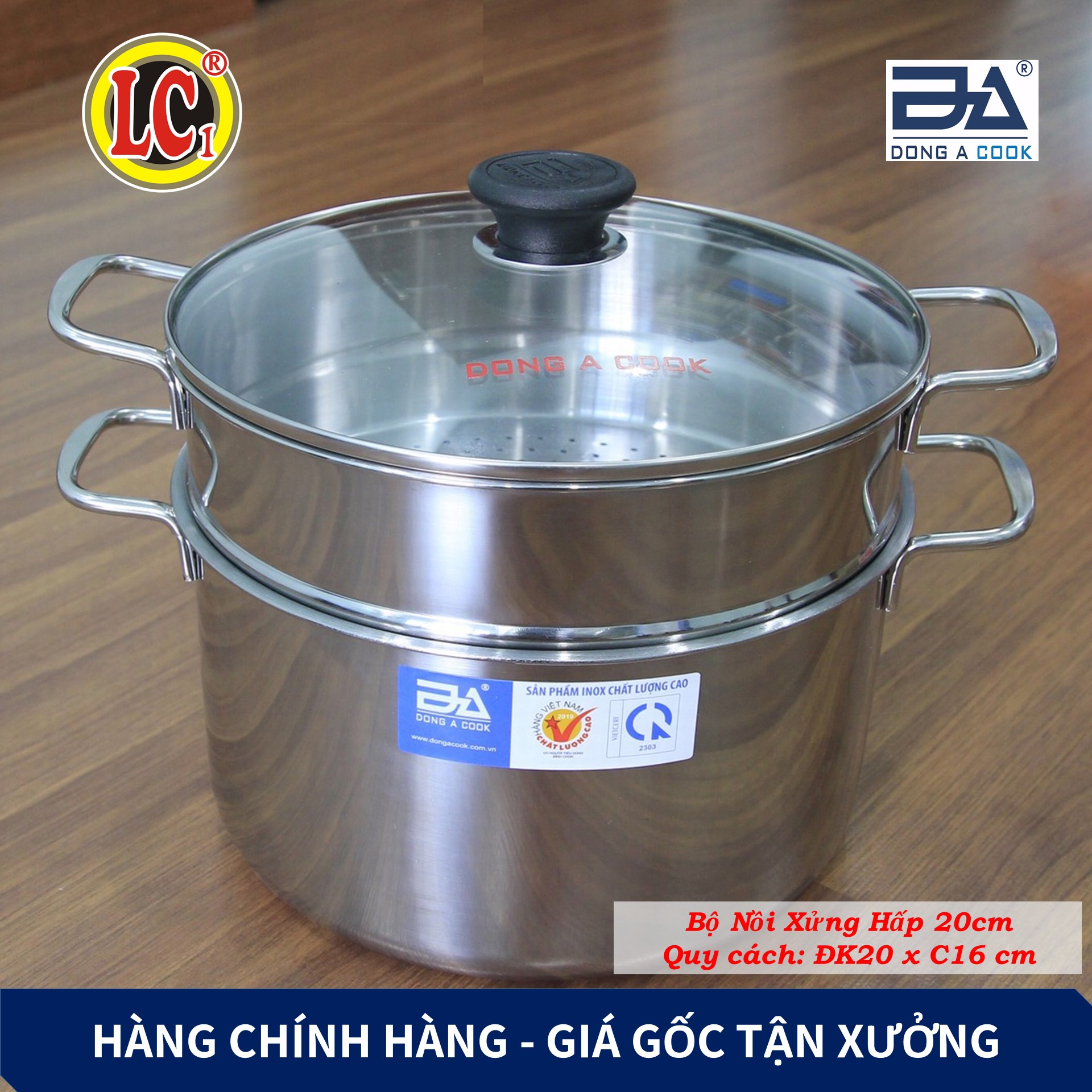 Bộ Nồi xửng hấp gà nấu xôi Inox Đông Á đáy từ cao cấp - Dùng được bếp từ - Hàng Chính Hãng