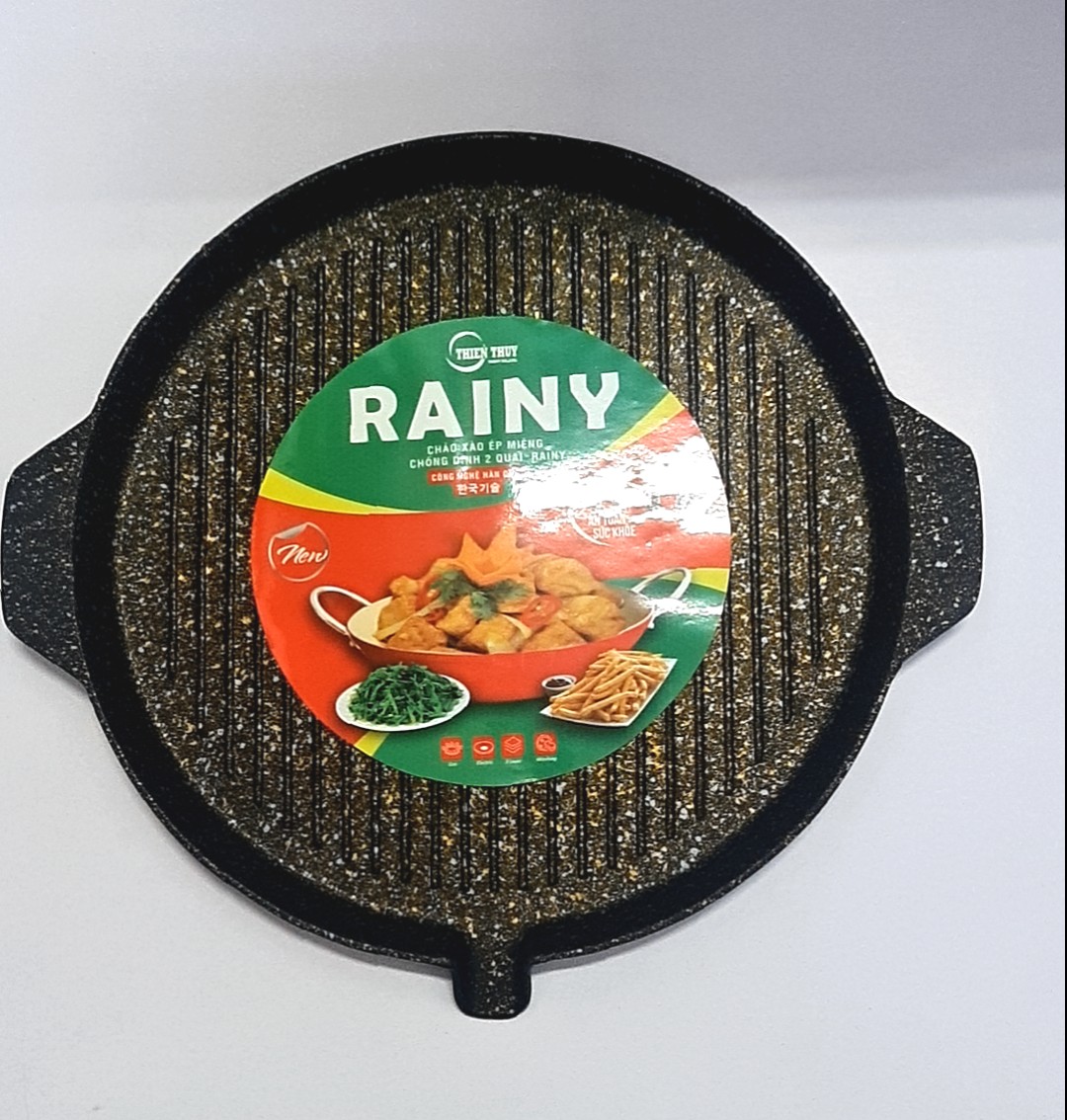 Chảo nướng không khói, gang đúc nguyên khối, chống dính 5 lớp Rainy - Dùng được cho bếp từ