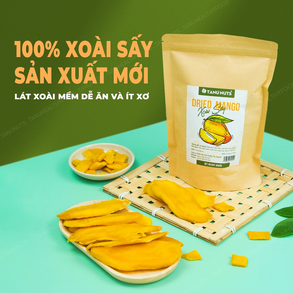 Xoài sấy dẻo TANU NUTS túi 400g, trái cây sấy tốt cho người ăn kiêng giảm cân.