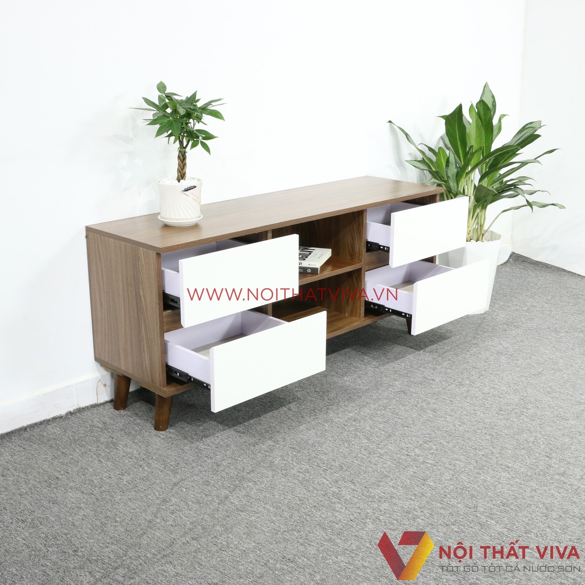 Kệ Tivi Gỗ MDF Melamine Màu Óc Chó Hộc Kéo Trắng Đẹp Hiện Đại