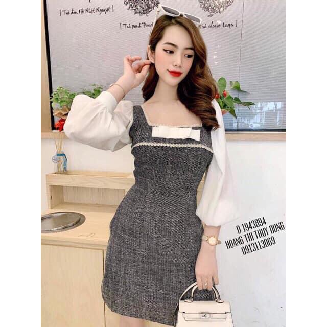 Váy dạ tweed tay voan nơ ngực