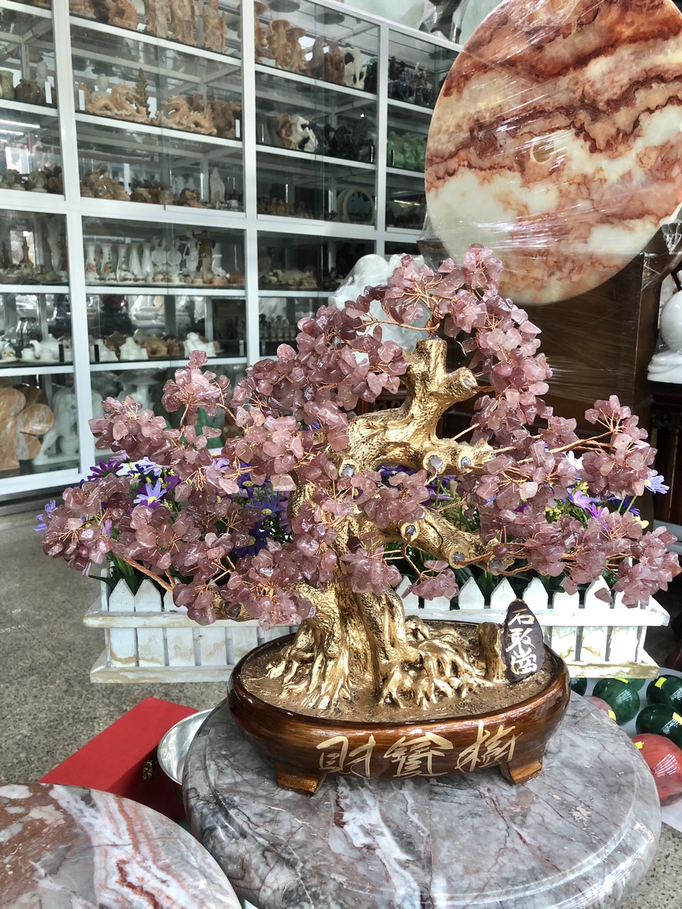 Cây Tài Lộc bonsai phong thủy đá thạch anh dâu tây đỏ - Cao 40 cm