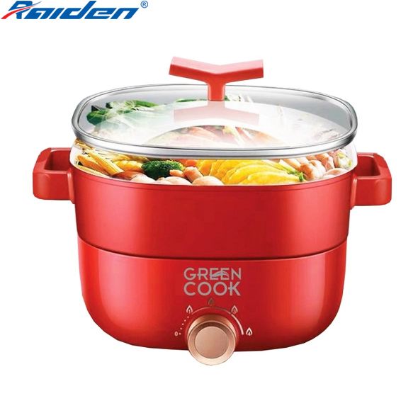 Nồi lẩu điện 3L Greencook GCEH233 thiết kế lòng nhôm đúc rời mâm nhiệt dễ vệ sinh, có khay hấp inox - Hàng chính hãng