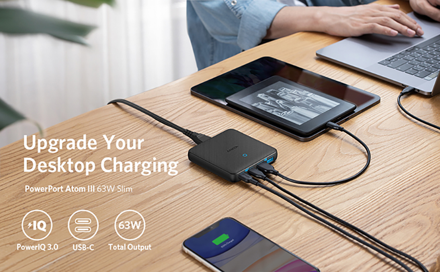 Adapter sạc Anker 4 cổng 63W / 45W GaN + PIQ 3.0 PowerPort Atom III Slim Tích Hợp USB Type-C - A2046 - Hàng chính hãng - Đen