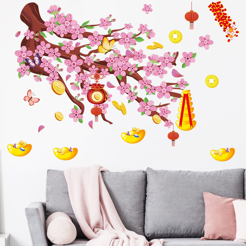 Decal dán tường ngày tết Hoa Mai, Hoa Đào Sticker Decal Trang Trí Tết