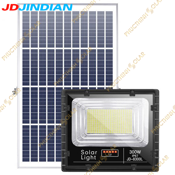 Đèn Năng Lượng Mặt Trời 300W Jindian JD-8300L, Đèn Pha Led Chống Nước IP67 Cảm Biến Ánh Sáng Có Remote Phúc Thịnh Solar