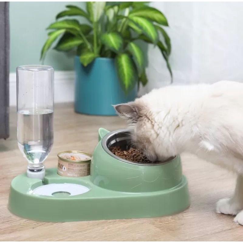 (BÁT 4 CHỨC NĂNG) Bát Chén tô, khay ăn inox chống gù kèm bình nước tự động, có ngăn đựng lon pate cho chó mèo