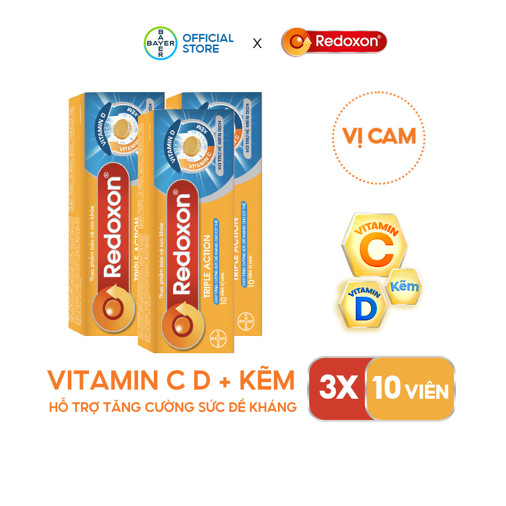 Combo 3 Viên Sủi Bổ Sung Vitamin C, D, và Kẽm REDOXON Triple Action Hộp 10 Viên x3 Hỗ Trợ Tăng Sức Đề Kháng