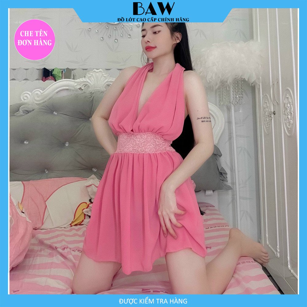 Đồ Ngủ Nữ, Đồ Ngủ Cổ Yếm Voan Lụa Cao Cấp Sexy Quyến Rũ Thương Hiệu Baw, Chất Liệu Voan Mát Mịn Nhẹ Nhàng Cực Kỳ Lôi Cuốn NT76