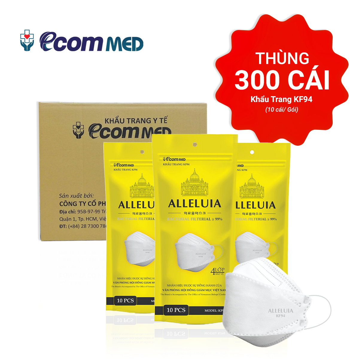 Thùng 300 Khẩu Trang KF94 Công Giáo EcomMed Alleluia