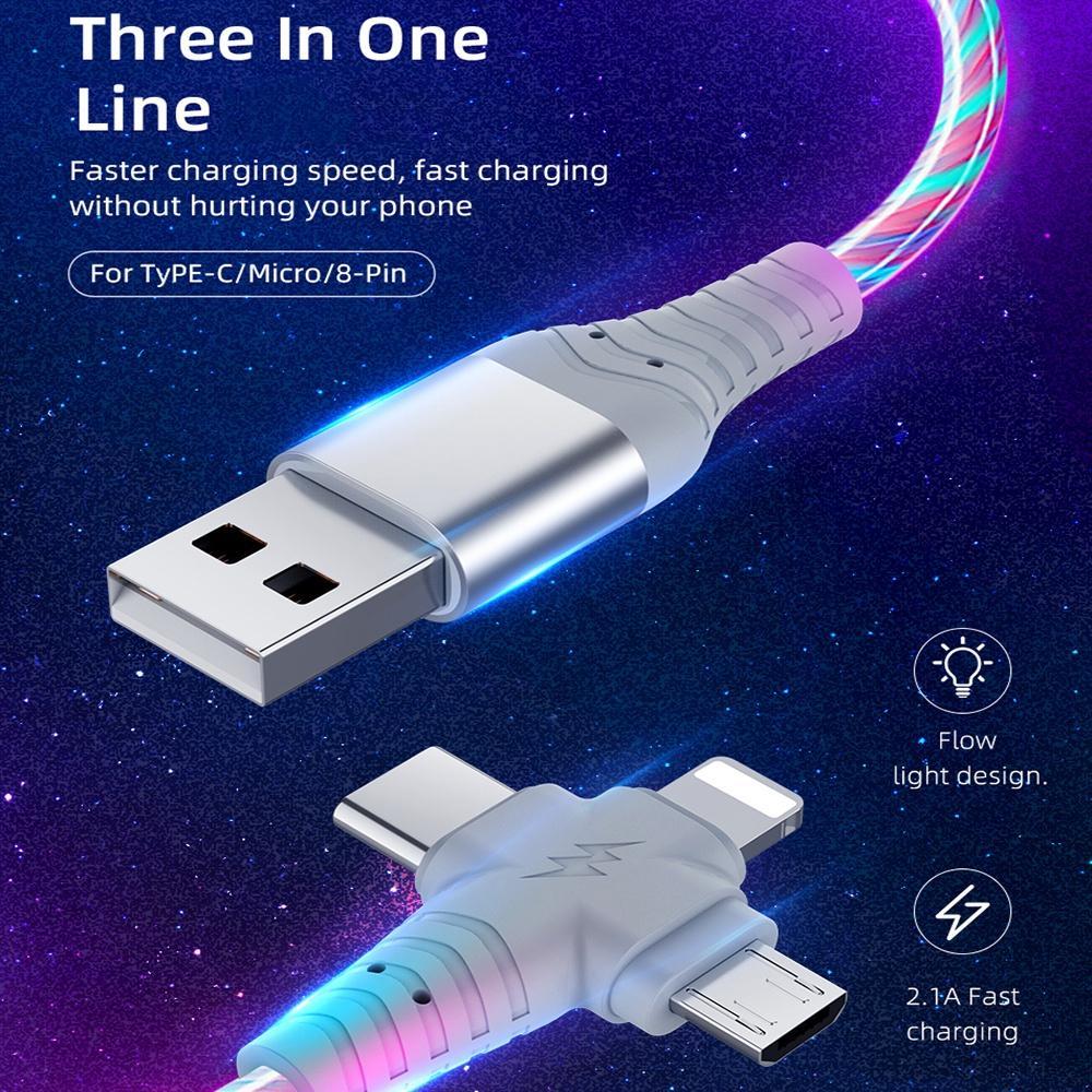 Dây Cáp Sạc Nhanh 3 Trong 1 Có Đèn LED Phát Sáng Dành Cho Điện Thoại iPhone Android