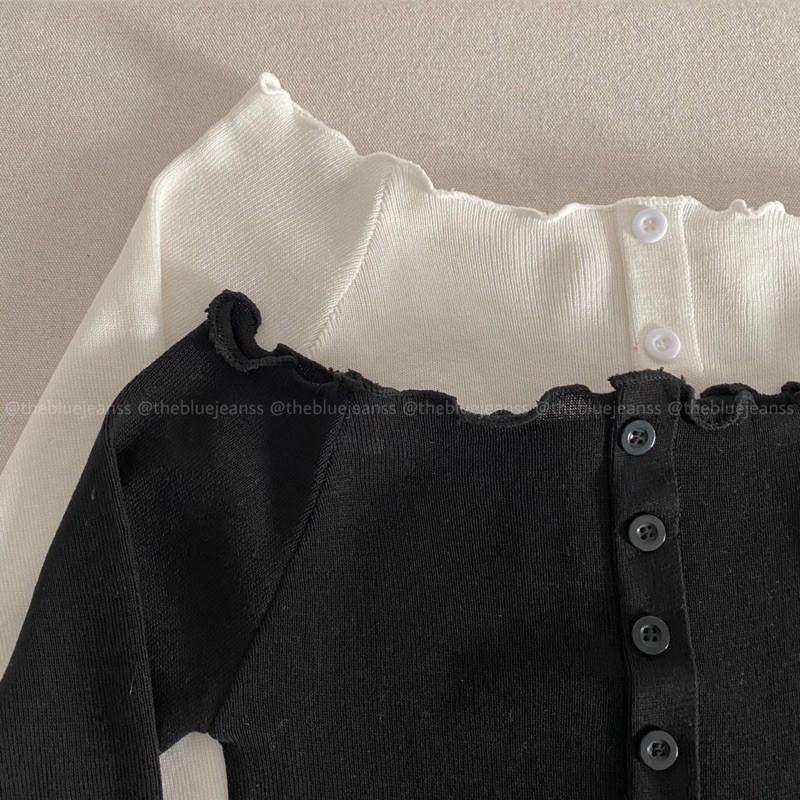 Áo Crop Top Tay Dài Có Nút Áo, Trễ Vai - Trắng Và Đen