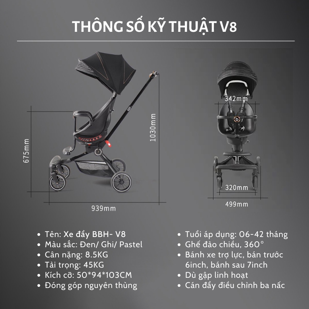 Xe Đẩy Hai Chiều 2 Tư Thế Ngồi Và Ngả BBH - V8 Gấp Gọn với 4 nấc điều chỉnh ngồi ngả cho bé một cách linh hoạt - TẶNG KÈM BỘ THẺ HỌC THÔNG MINH 16 CHỦ ĐỀ 416 THẺ CHO BÉ