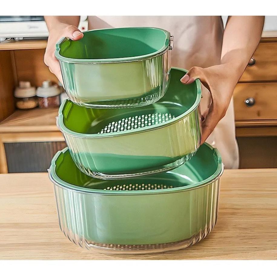 Bộ Thau Rổ 6 Món Thau Mika Trong Suốt Mới, Chất Liệu Nhựa PP Thoát Nước Nhà Bếp Tiện Dụng , Rổ Đựng Rau, Hoa Quả- Bộ Thau Rổ 6 Món Trong Suốt - Set Thau Chậu Nhựa Nhà Bếp