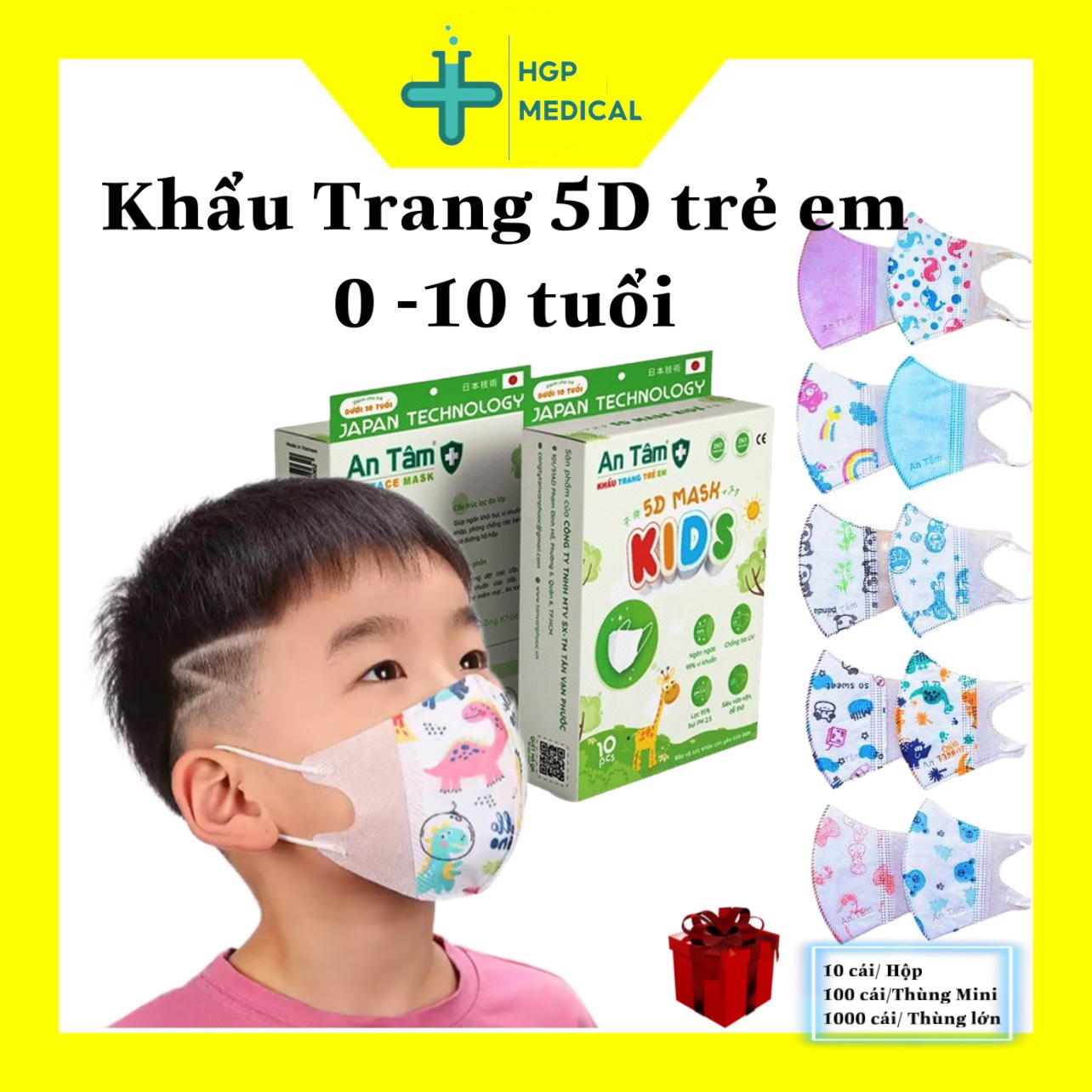 Khẩu trang trẻ em 5D An Tâm, trẻ em 0-10 tuổi, kháng khuẩn, kháng virus, ôm vừa mặt,chứng nhận tiêu chuẩn sản phẩm