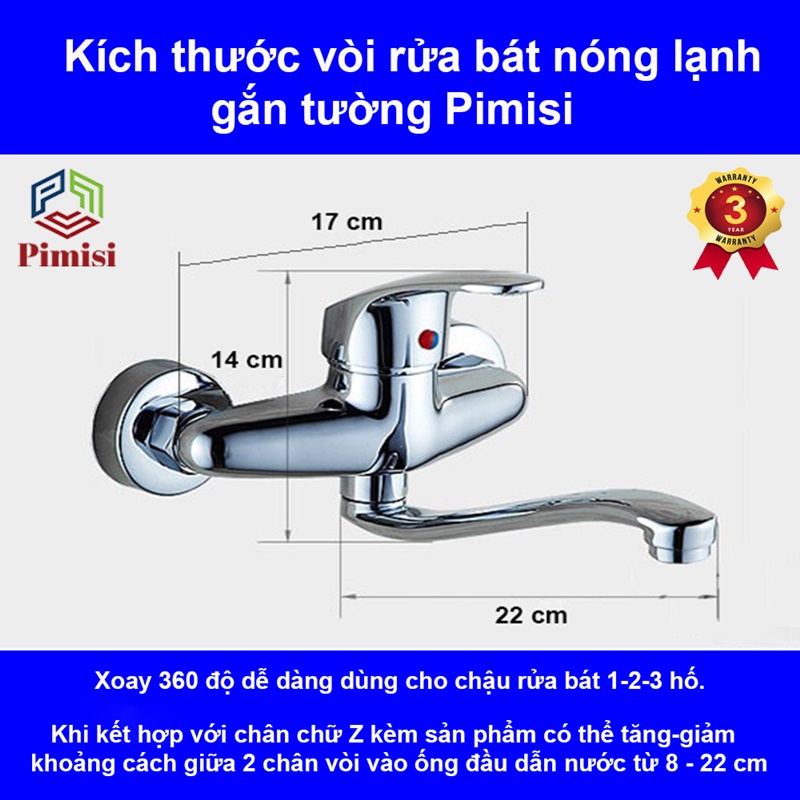 Vòi rửa bát gắn tường nóng lạnh Pimisi chất liệu đồng thau dùng cho chậu rửa chén bát 1-2 hố trong nhà bếp xoay 360 độ, kèm chân chữ Z nhằm tăng-giảm khoảng cách để hợp với mọi đường ống cấp nước | Hàng chính hãng