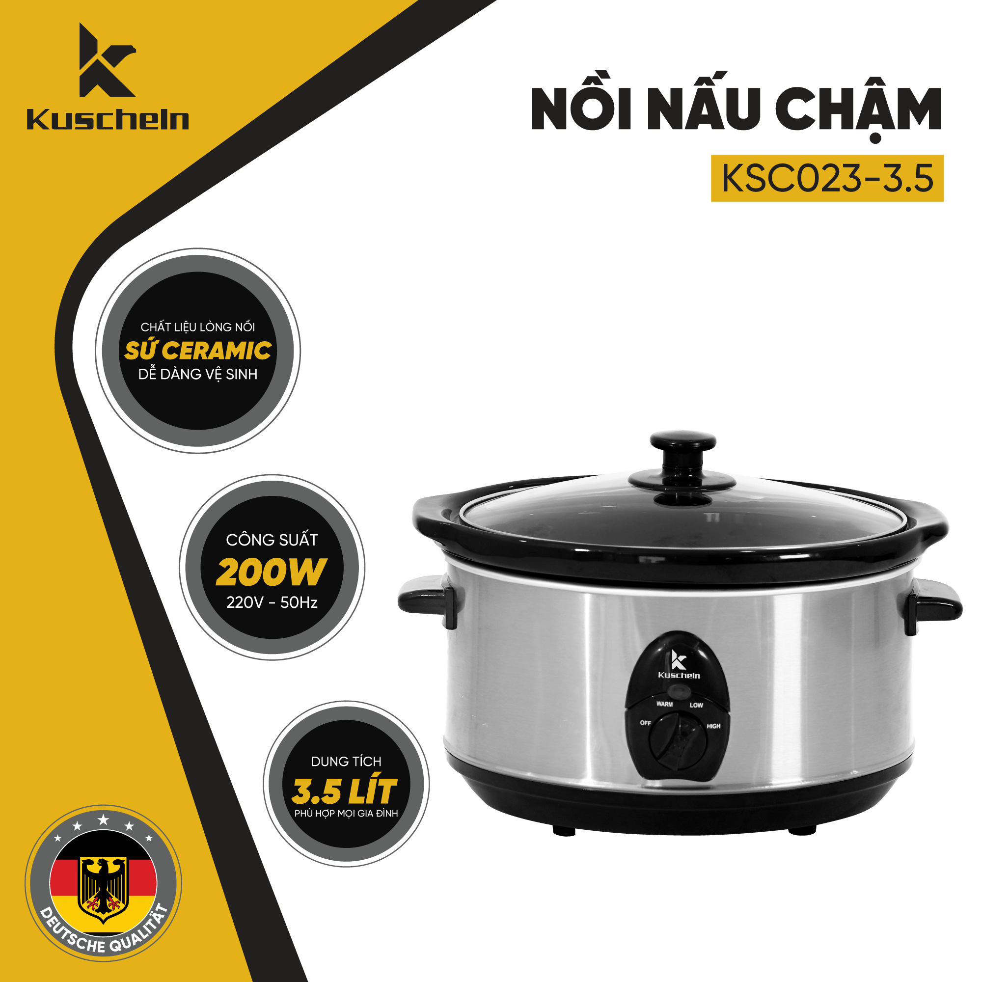 Nồi nấu chậm kiểu Đức nồi kho cá KUSCHELN KSC023-3.5 Cao Cấp 3.5 lít niêu sứ hình ovan, công tắc tự ngắt, chống cạn nước - Hàng Chính Hãng