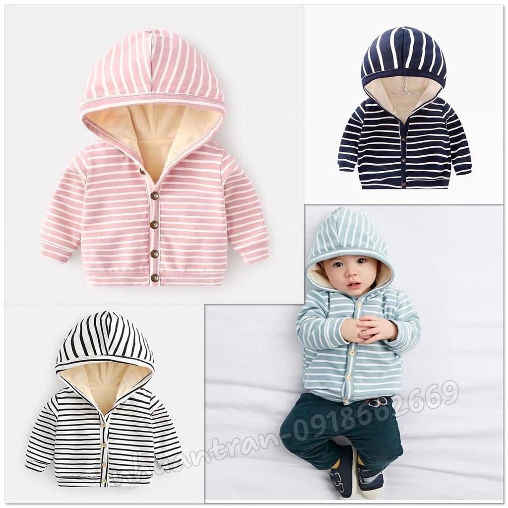 Áo khoác nỉ kẻ liền mũ lót nhung cực ấm Hàng Quảng Châu cao cấp cho bé trai bé gái mặc thu đông - SUMO KIDS