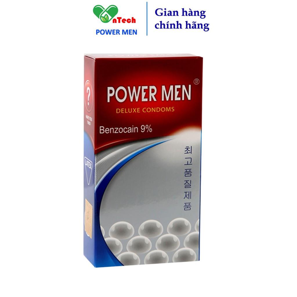 Bao cao su POWER MEN LONGER PLUS siêu mỏng gân gai nổi kéo dài thời gian 9% Benzocain chống xuất tinh sớm hộp 12 chiếc