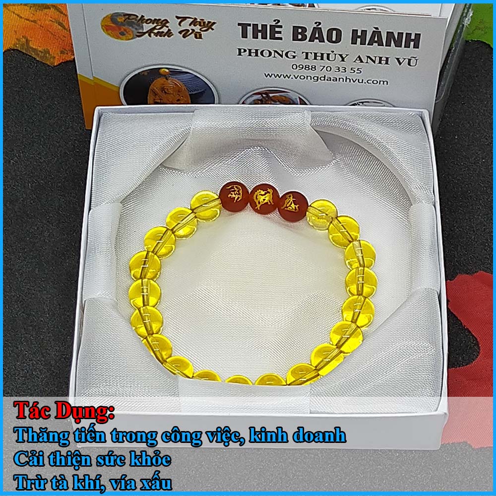 Vòng tay thạch anh vàng tam hợp dần ngọ tuất - size 8 10ly cho nữ mệnh thổ, mệnh kim - có khai quang điểm nhãn may mắn tài lộc - bảo hành 12 tháng - PHONG THỦY ANH VŨ