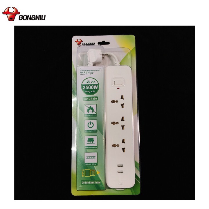 Ổ Cắm Điện Gongniu 3 Ổ Đa Năng + 2 USB 1 công tắc 2500W/10A Dây Dài 1.8M (N103U) - Hàng Chính Hãng