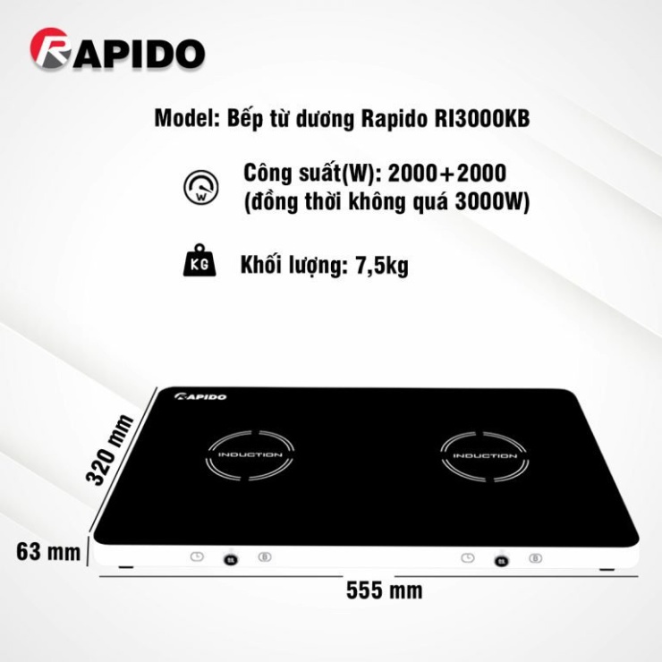 Bếp từ dương đôi Rapido RI3000KB, bếp điện từ đôi kính cường lực, chế độ an toàn hẹn giờ tự động ngắt - Hàng chính hãng