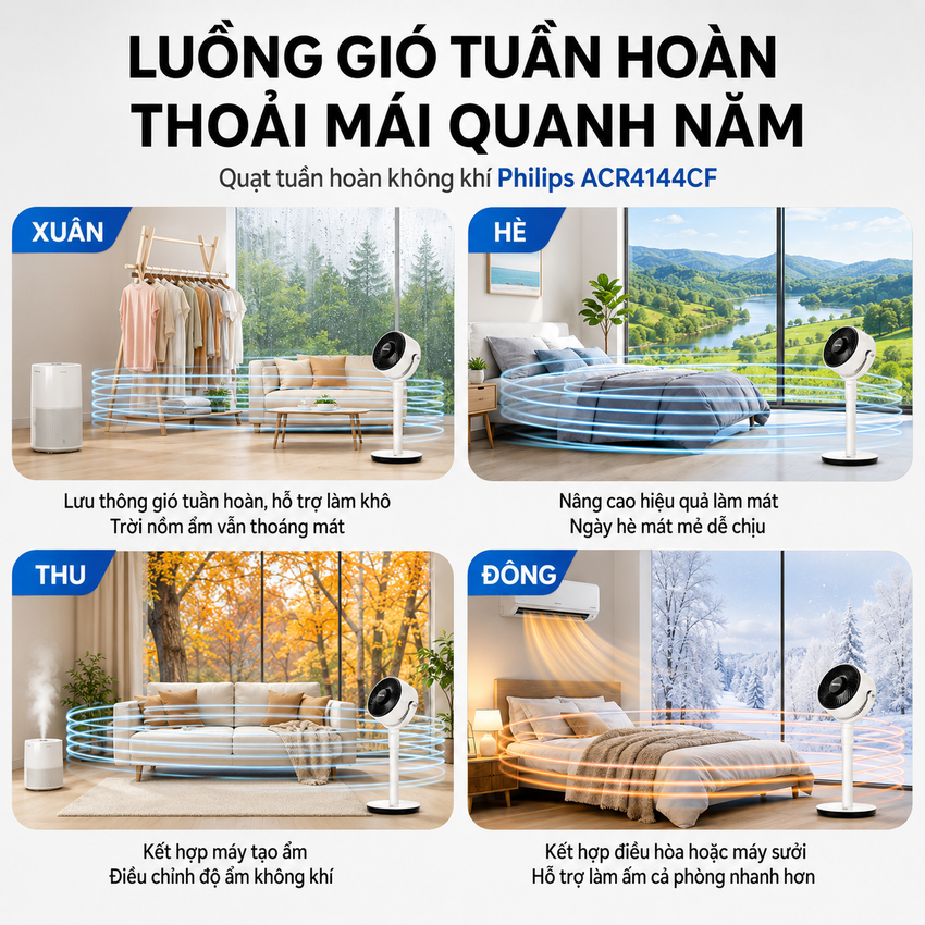 Quạt tuần hoàn không khí động cơ biến tần 32 tốc độ gió thương hiệu Hà Lan Philips ACR4144CF Serial 4000 - Hàng nhập khẩu