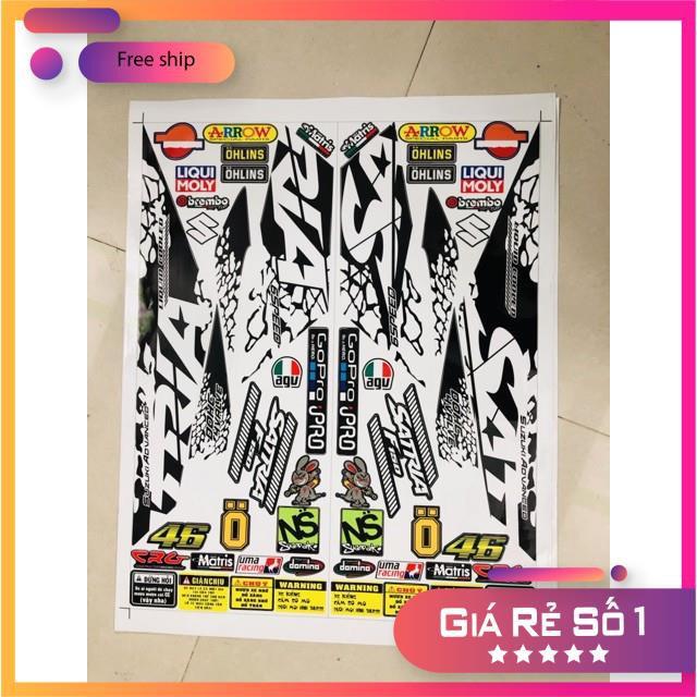 Trọn bộ tem rời Satria Fi trắng đen 3 lớp ko bay màu bảo hành màu sắc vĩnh viễn