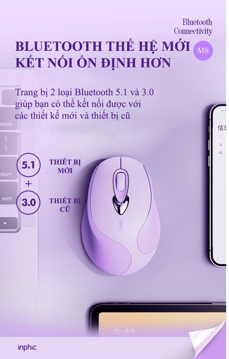 Chuột không dây INPHIC M8BT kết nối bằng Bluetooth thiết kế nhỏ gọn với màu tím Lavender cực đẹp dành cho các bạn nữ - JL - HÀNG CHÍNH HÃNG