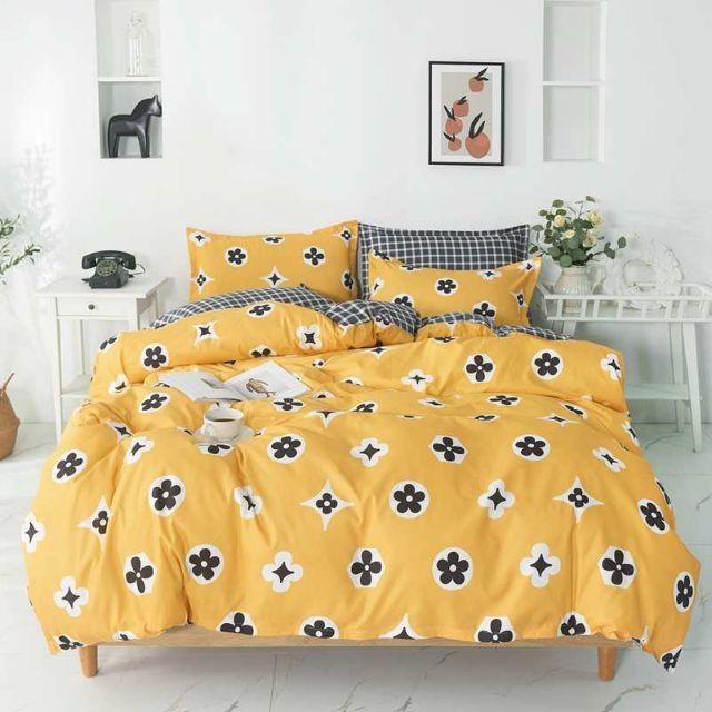 Bộ Chăn Ga Gối Cotton Hoa Vàng Caro Đen