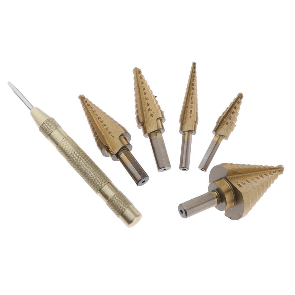 Step Drill, Titanium Coated HSS Step Drill Bit Set with 122mm Automatic Center Punch, 3/16-7/8,1/4-1-3/8,1/4-3/4,1/8-1/2,3/16-1/2 Steps, Aluminum Case