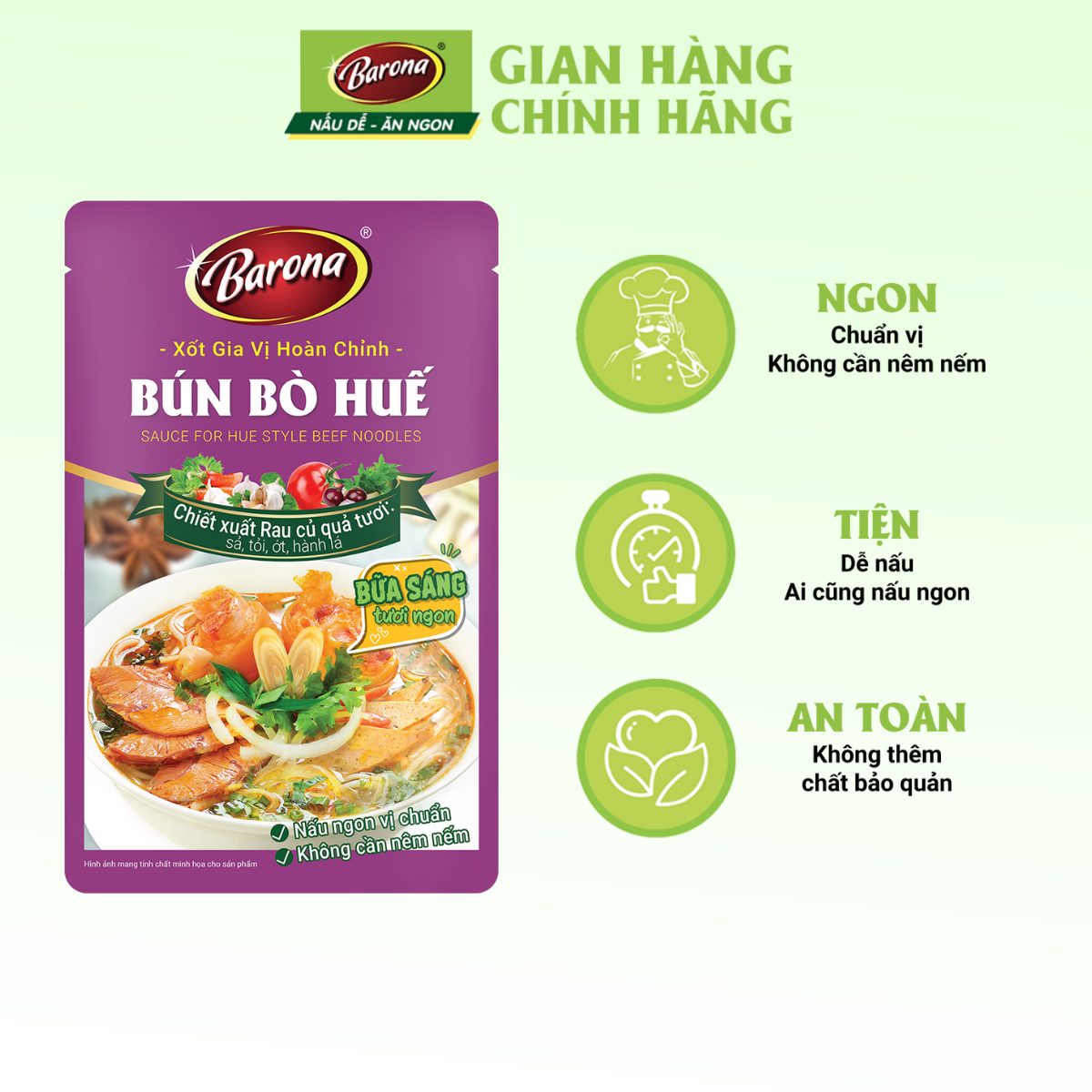 Combo 3 gói Gia Vị Hoàn Chỉnh Barona - Phở Bò 160g, Phở Gà 145g, Bún Bò Huế 110g [tặng 1 nước mắm Vị Xưa 50ml, 45g tiêu hạt]