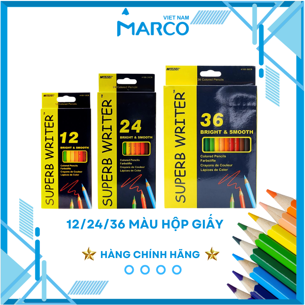 Hộp Bút Chì Màu Marco Superb Writer - 12/24/36 Màu - Hộp Giấy - Nhiều Màu Đậm Vẽ Tranh Tô Màu Phù Hợp Cho Học Sinh