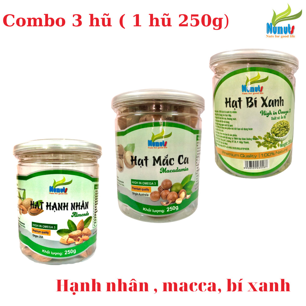 Combo 3 hũ hạt dinh dưỡng Nunuts (hạt hạnh nhân, hạt bí, hạt macca) , đã sấy giòn, ăn liền ( mỗi hũ 250g).