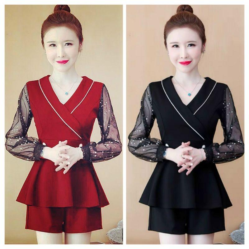 Sét bộ đồ nữ cổ vest tay dài phối lưới hoa xinh xắn size từ 40-70kg
