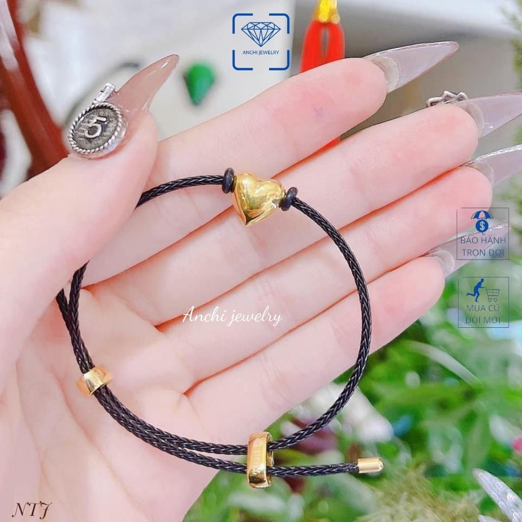 Vòng tay charm vàng dây cước 2mm đỏ( đen) mặt tim 10k khắc tên theo yêu cầu, Anchi jewelry