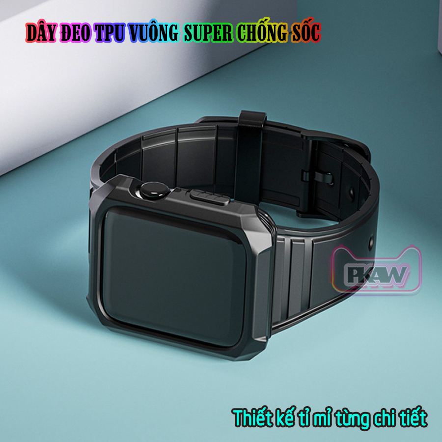 Dây Đeo liền ốp dành cho Apple Watch 7/6/5/4/3/2/1 size 38/40/41/42/44/45mm TPU vuông SUPER chống sốc - nhiều màu (tặng cường lực dẻo theo size)