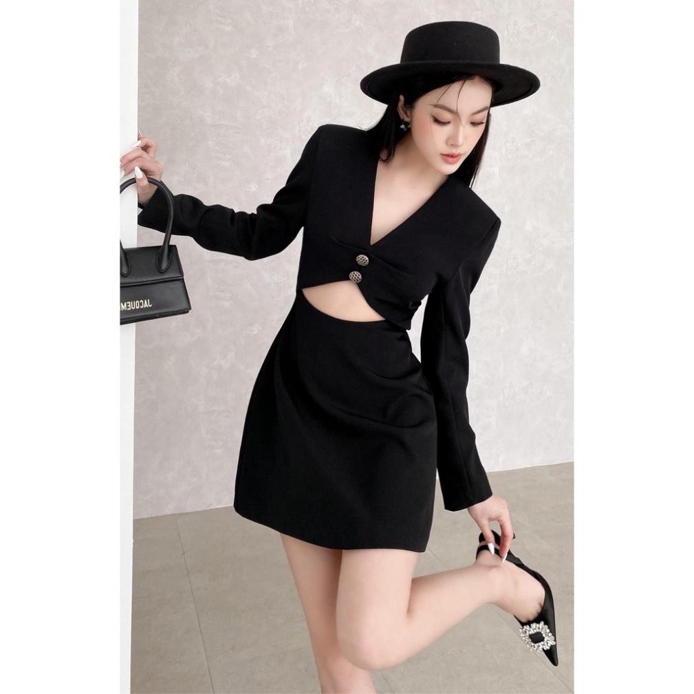 Đầm váy thiết kế sexy hở bụng 100% cotton đen tay dài cổ V xoè chữ A đi biển dự tiệc dạo phố rẻ đẹp bigsize