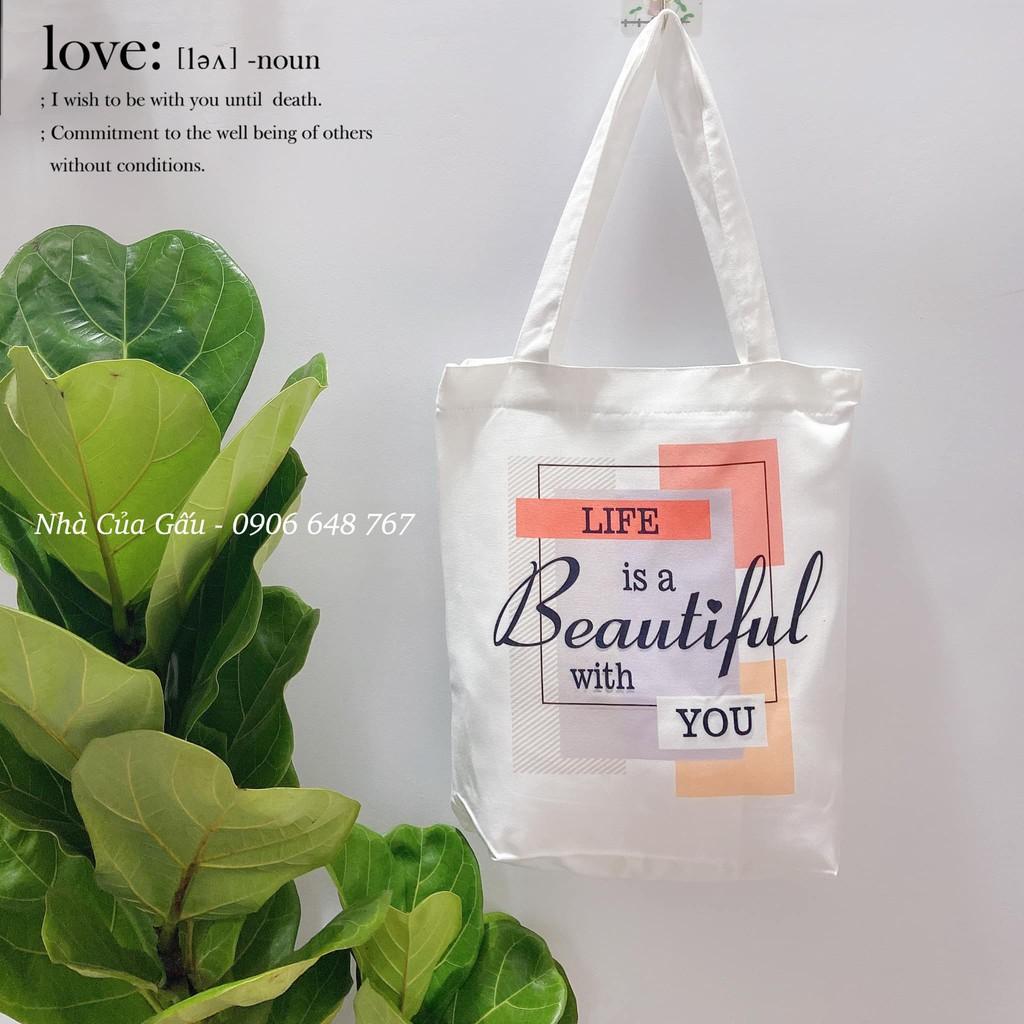 Túi tote trắng họa tiết mới believe và beautiful đẹp dã man luôn ạ