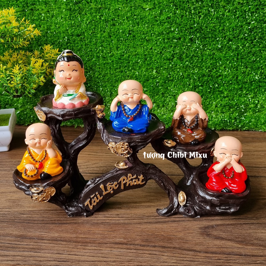 Bộ tượng Tứ Không đeo chuỗi kèm Quan Âm và chân đế Tài Lộc Phát