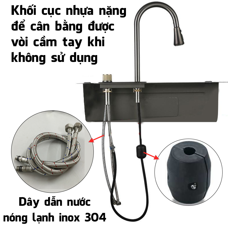 Bồn Chậu Rửa Chén Bát Vòi Thác Nước 1 Hố Nano Đen 75x46cm Lớn